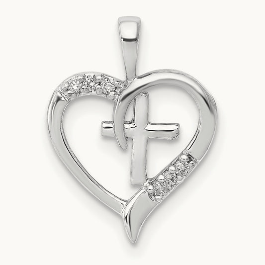 AA Diamond Heart Cross Pendant, 14K White Gold