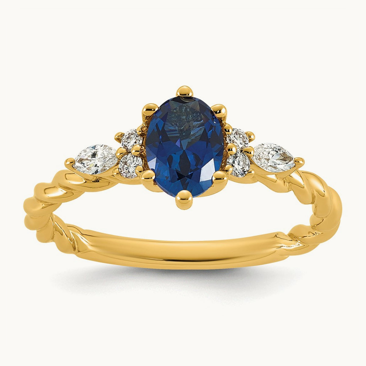 Polished Diamond and Lab Created Sapphire Twisted Ring — 14K Yellow Gold