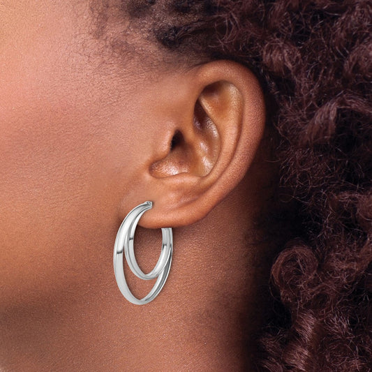 Rhodium-plated Polished Double Post J-Hoop Earrings — 31.5mm