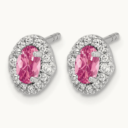 Diamond and Cabochon Pink Tourmaline Earrings, 14K White Gold