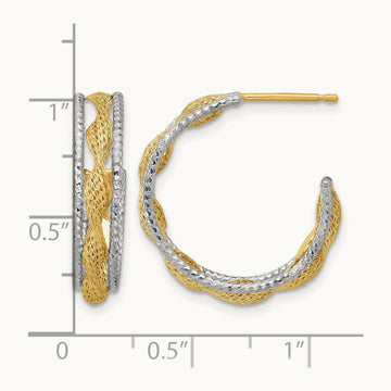 w/Rhodium Polished/Textured/Dia-cut Twist J-Hoop Earrings, 14K — Leslie's