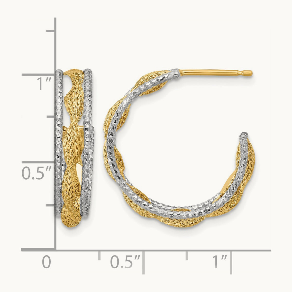w/Rhodium Polished/Textured/Dia-cut Twist J-Hoop Earrings, 14K — Leslie's