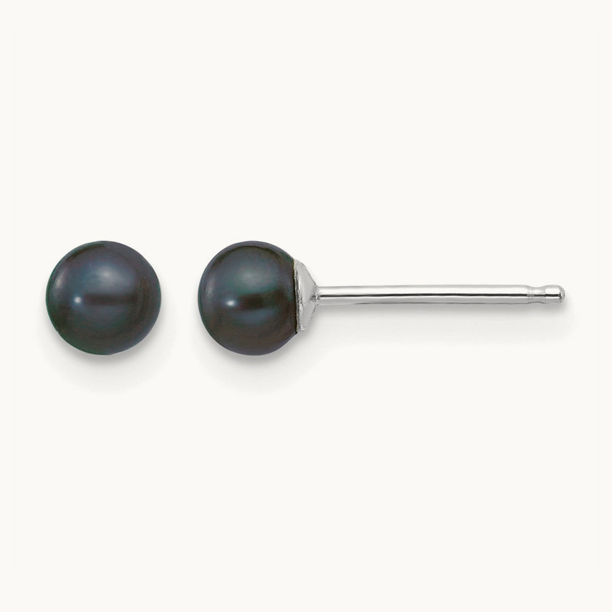3- Black Round FW Cultured Pearl Stud Post Earrings, 4mm, 14K White Gold