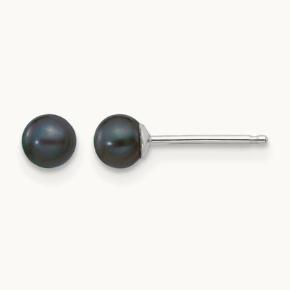 3- Black Round FW Cultured Pearl Stud Post Earrings, 4mm, 14K White Gold