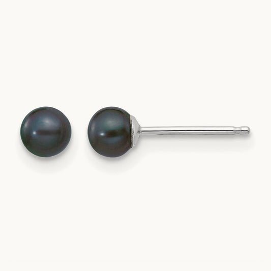 3- Black Round FW Cultured Pearl Stud Post Earrings, 4mm, 14K White Gold