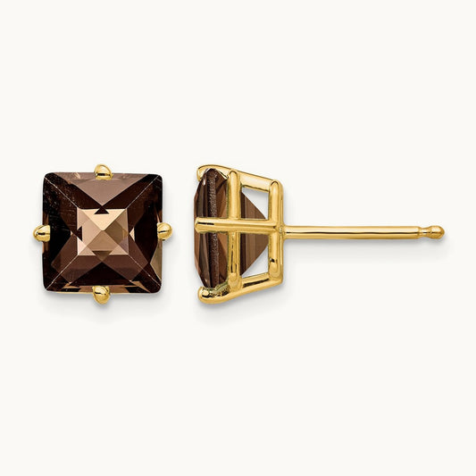 Square Checker-Cut Smoky Quartz Earrings — 14K Yellow Gold