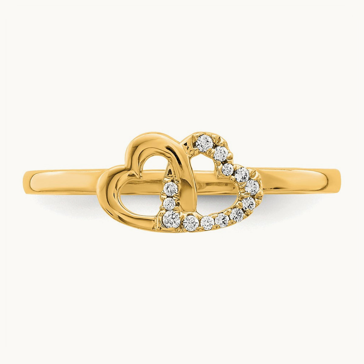 Diamond Double Heart Ring — 14K Yellow Gold, 7