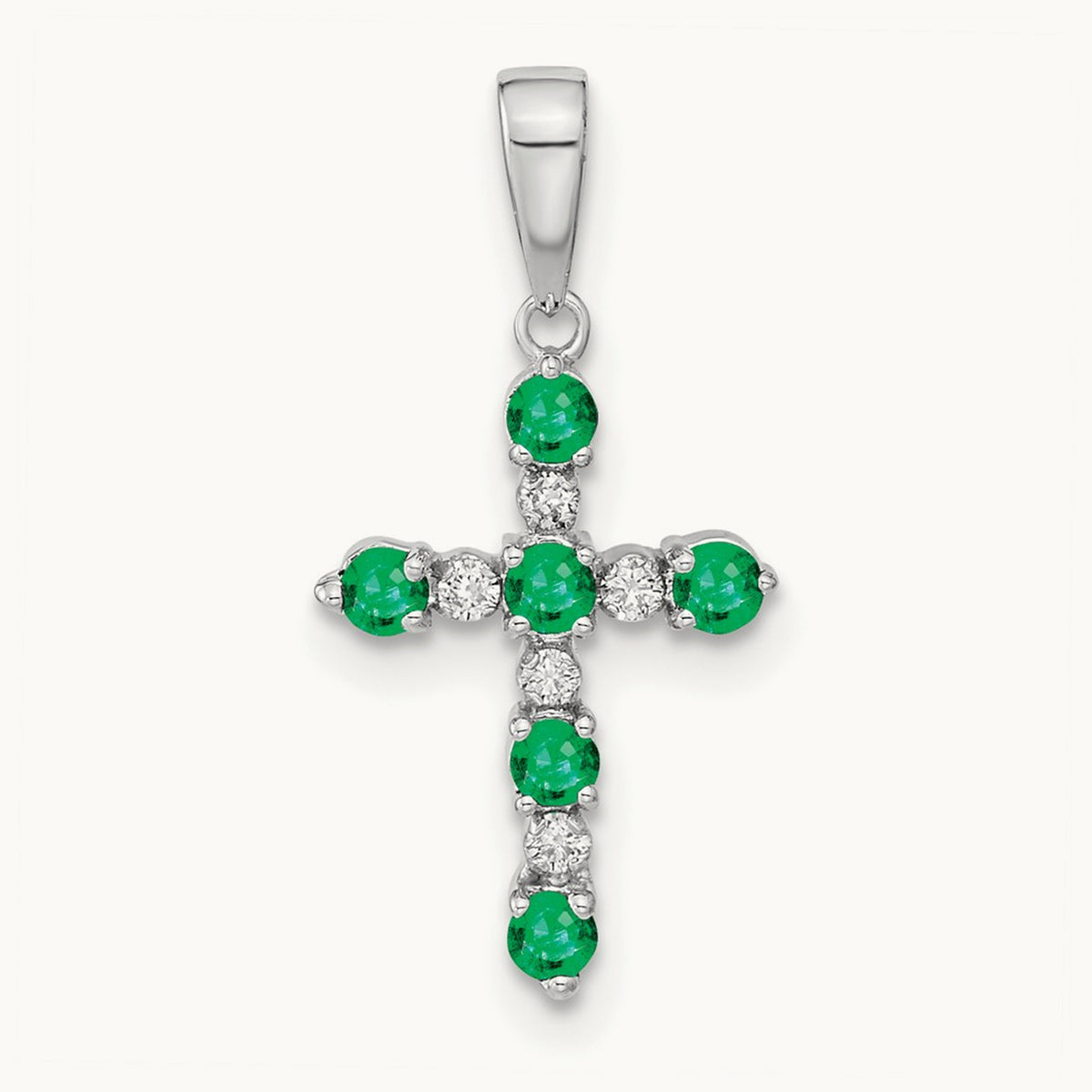 Lab Created Emerald and Diamond Cross Pendant — 14K White Gold