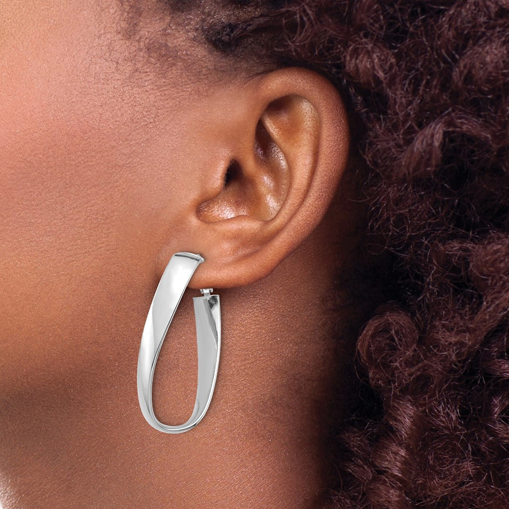 Polished Twisted Omega Back Oval Hoop Earrings — 14K White Gold, 7mm