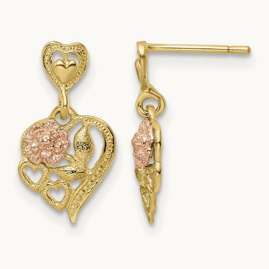 Heart w/Flower Post Dangle Earrings, 14K Two-tone