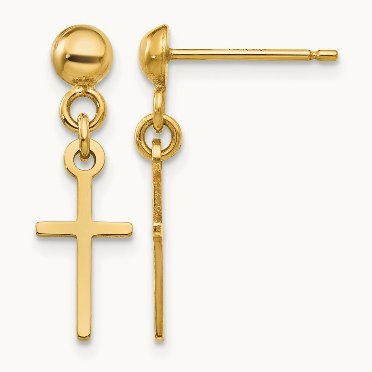 Polished Cross Dangle Post Earrings — 14K Yellow Gold, 19mm