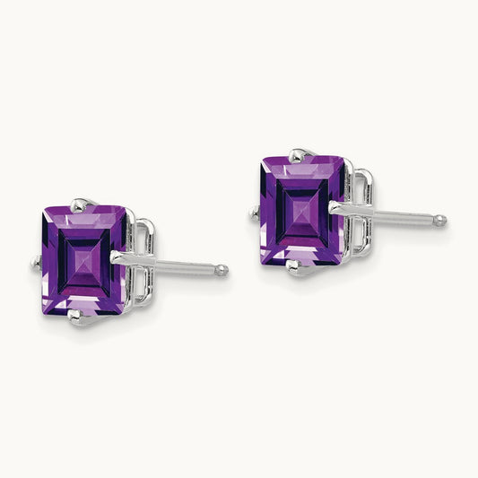 Princess Cut Amethyst Earrings, 7mm, 14K White Gold