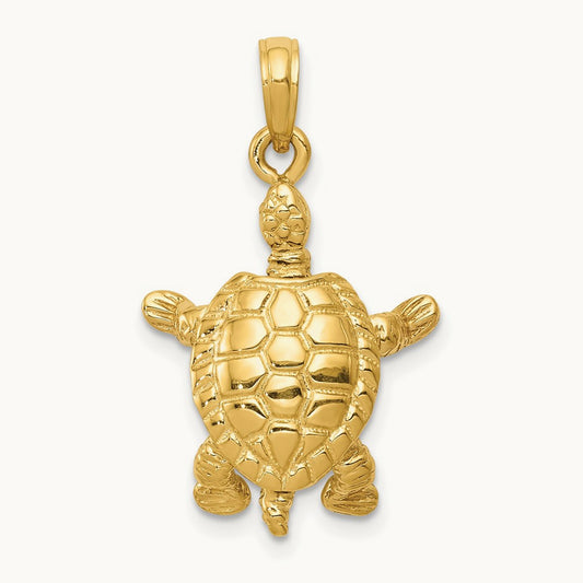 Solid Polished 3-D Moveable Turtle Pendant — 14K Yellow Gold, 25mm
