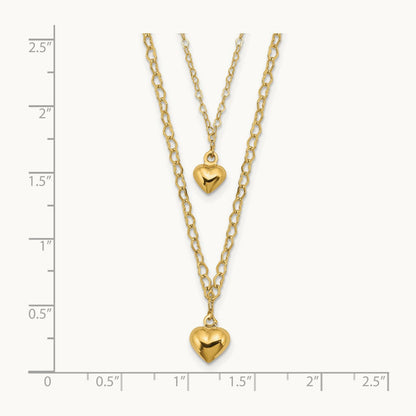 Double Layer Heart Link Polished Hearts 2 in ext. Necklace, 14K