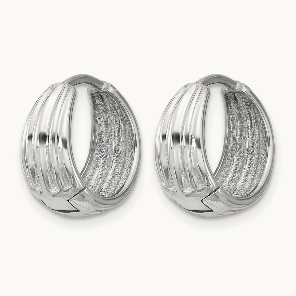Polished/Grooved Round Huggie Hoop Earrings — 14K White Gold