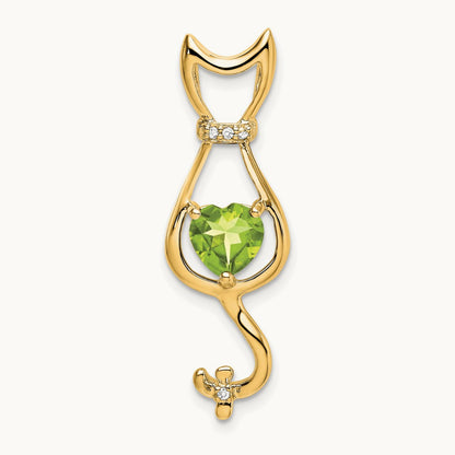 Peridot and Diamond Cat Pendant — 14K Yellow Gold