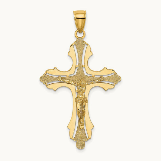 Textured Cut-Out Crucifix W/Budded Tips Charm, 14K