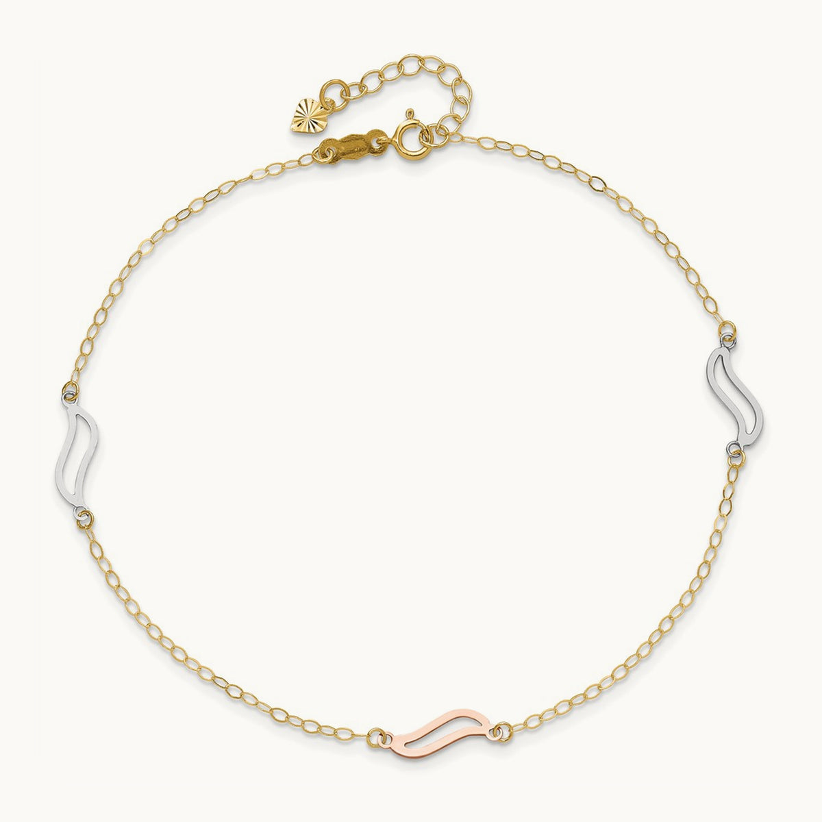 Tri-color with Open S Links 9in Plus 1in ext. Anklet, 14K