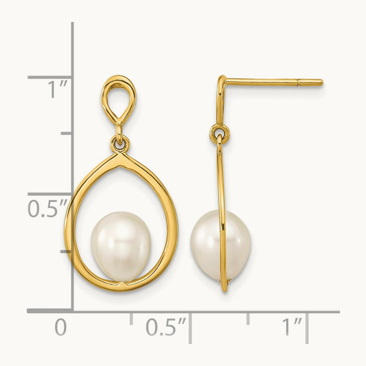 6- Teardrop White FWC Pearl Dangle Earrings, 7mm, 14K