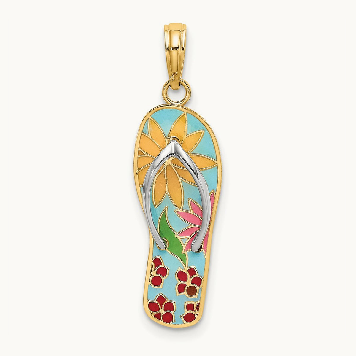 Multi-Colored 3D Enamel Fuschia Flowers On Flip-Flop Charm, 14K with Rhodium