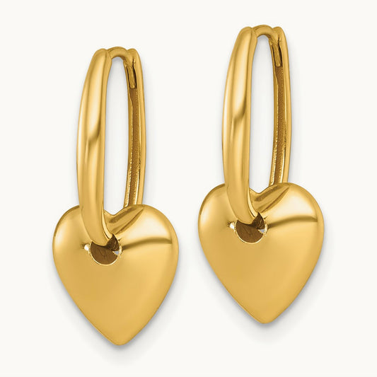 Polished Dangle Heart Hinged Hoop Earrings — 14K Yellow Gold