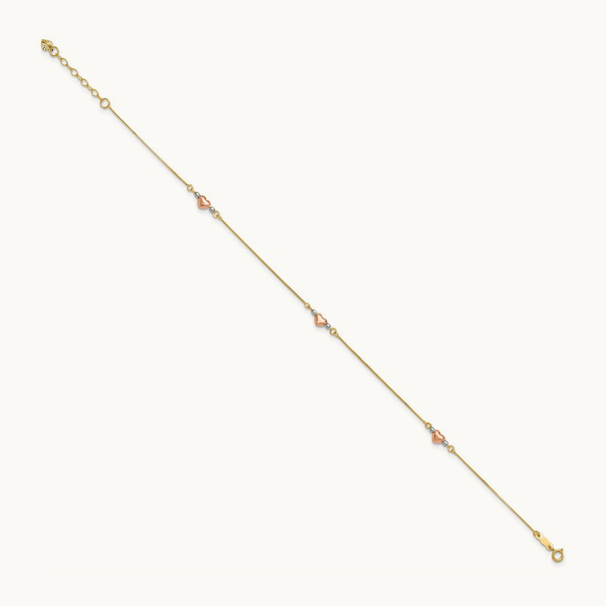 Tri-Color Puffed Heart 10in Plus 1in ext Anklet, 14K