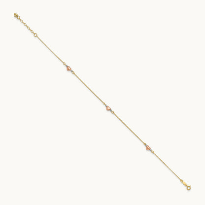 Tri-Color Puffed Heart 10in Plus 1in ext Anklet, 14K
