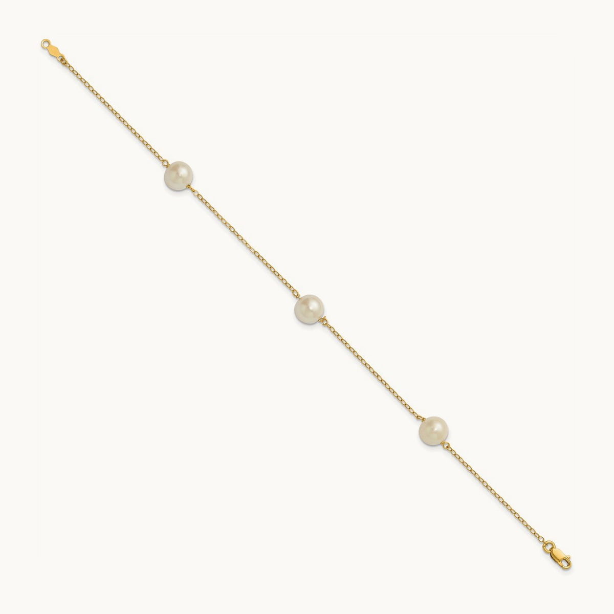 7- White Near Round Freshwater Cultured Pearl 3-station Bracelet, 8mm, 14K