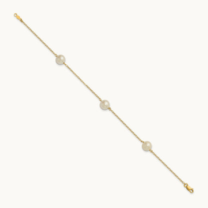 7- White Near Round Freshwater Cultured Pearl 3-station Bracelet, 8mm, 14K