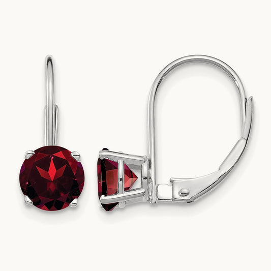 Garnet Leverback Earrings, 6mm, 14K White Gold