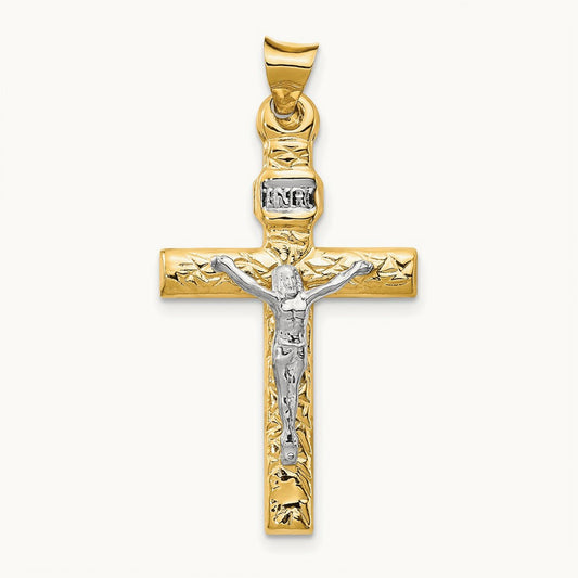 INRI Crucifix Pendant, 14K Two-tone with Rhodium
