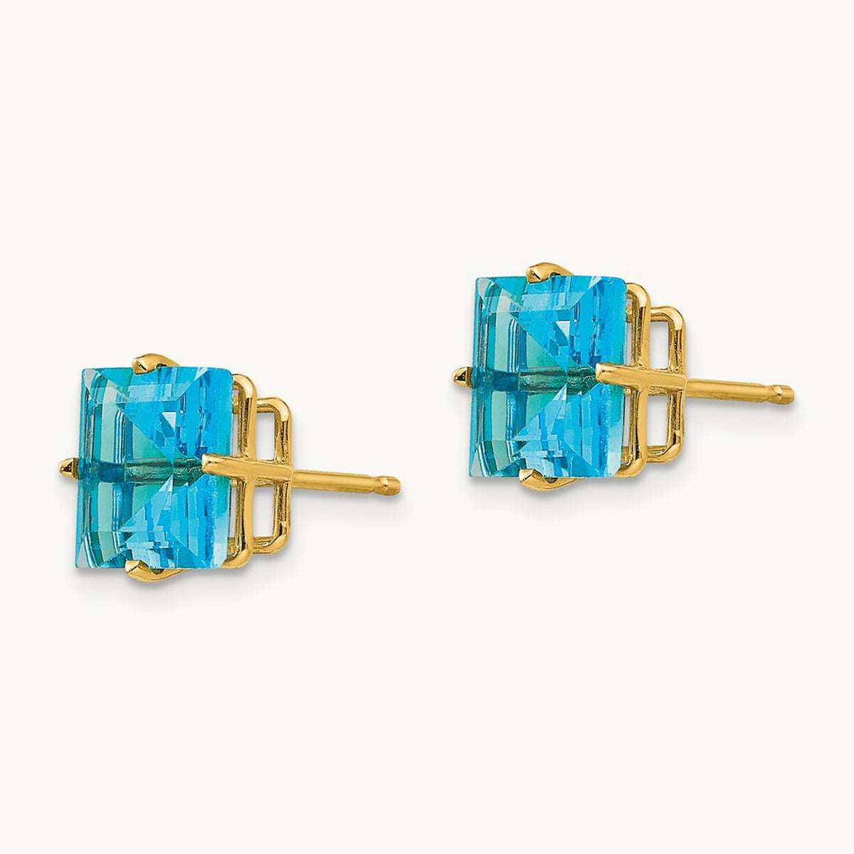 Square Step Cut Blue Topaz Earrings, 8mm, 14K