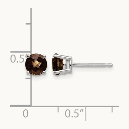 Round Checker-Cut Smoky Quartz Earrings, 5mm, 14K White Gold