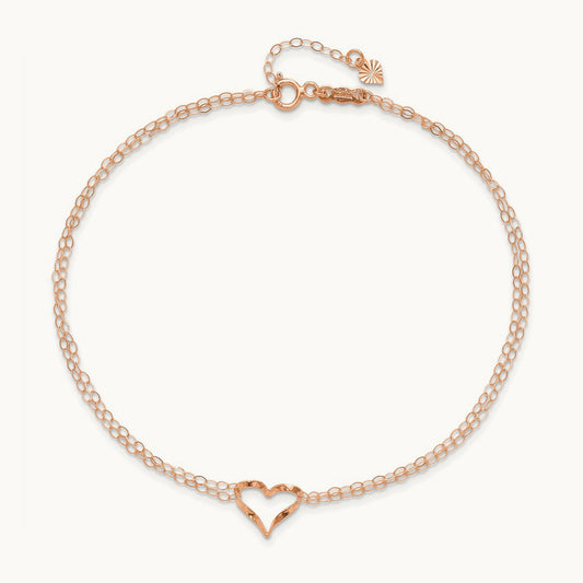Double Strand Heart 9in Plus 1in Ext Anklet, 14K Rose Gold
