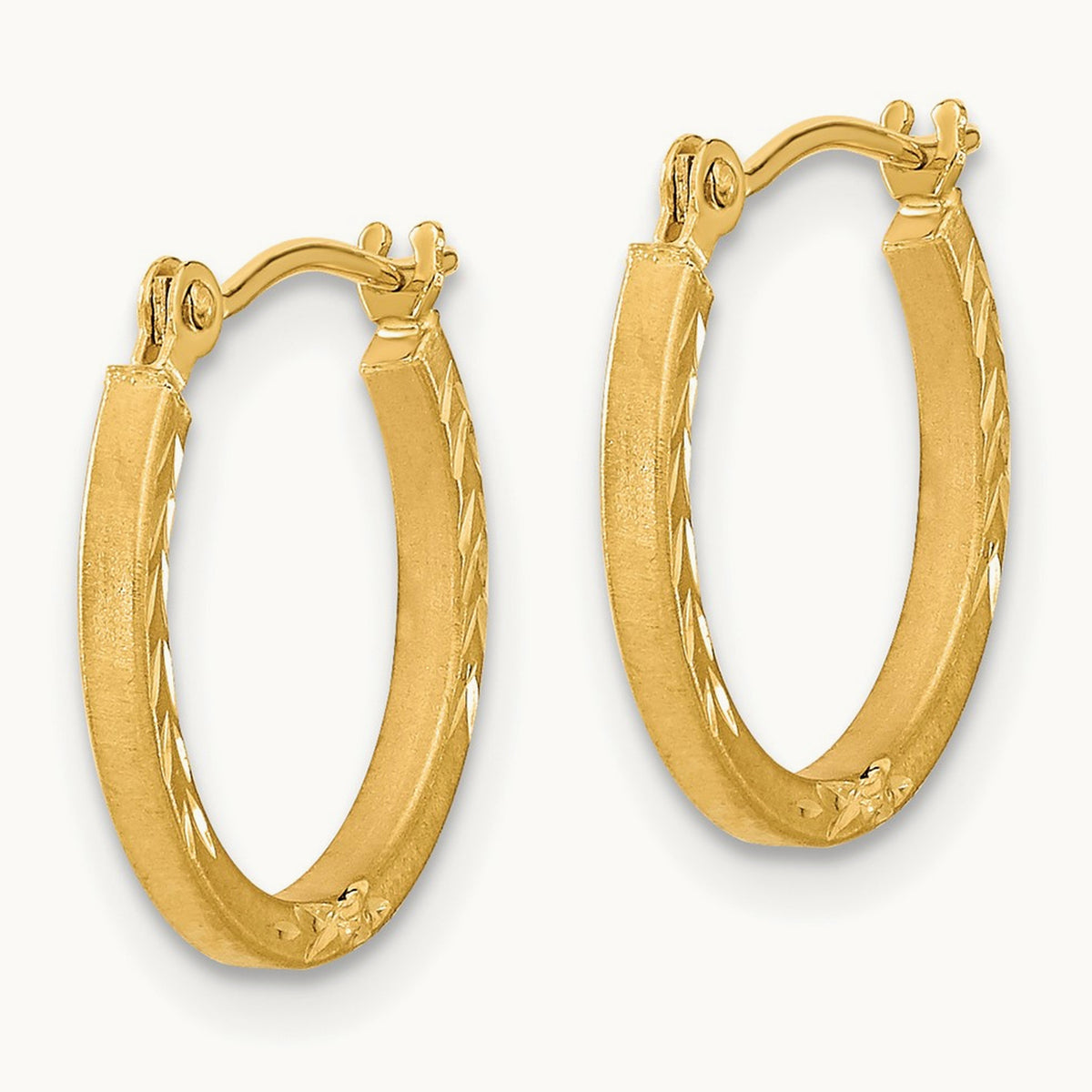 Satin and Polished Diamond Cut Design Hoops, 14K