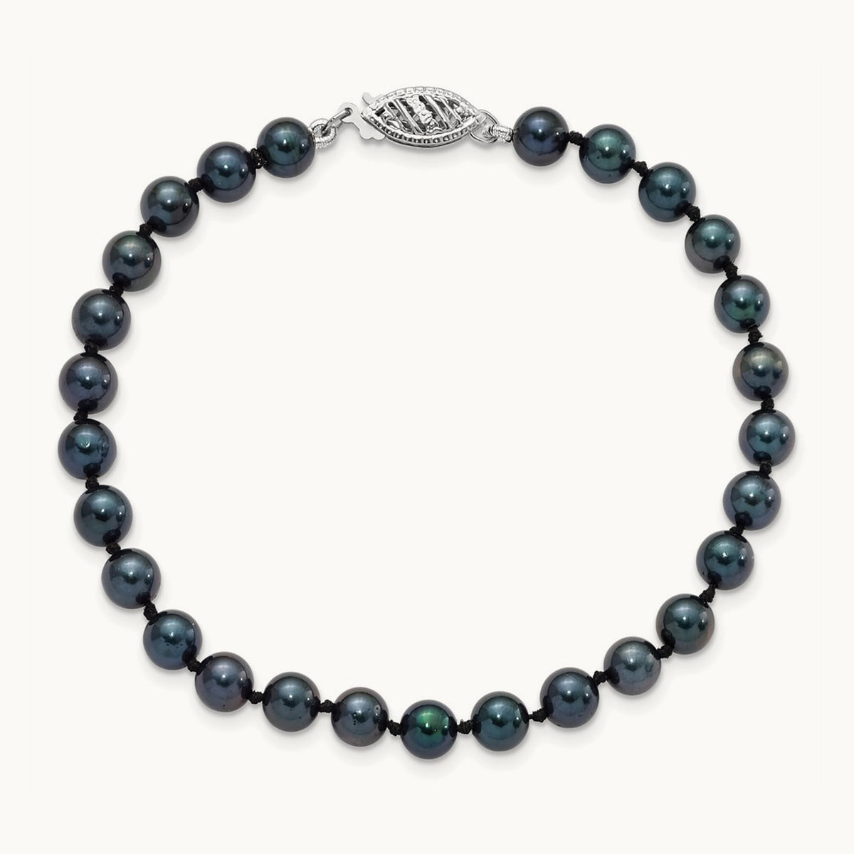 5- Round Black Saltwater Akoya Cultured Pearl Bracelet, 14K White Gold