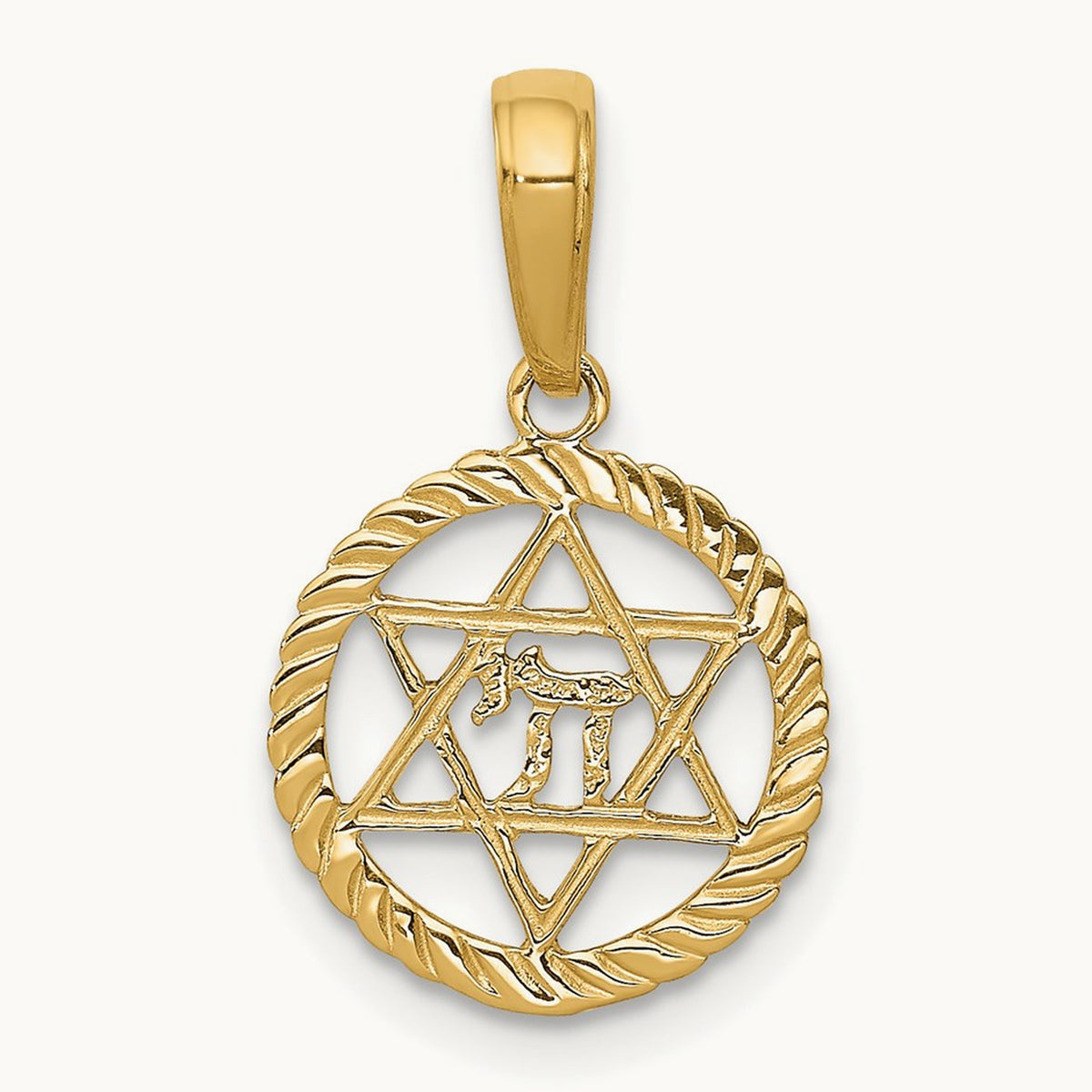Star of David and Chai in Circle Pendant, 14K
