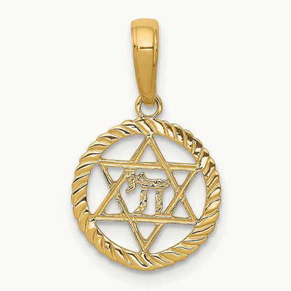 Star of David and Chai in Circle Pendant, 14K