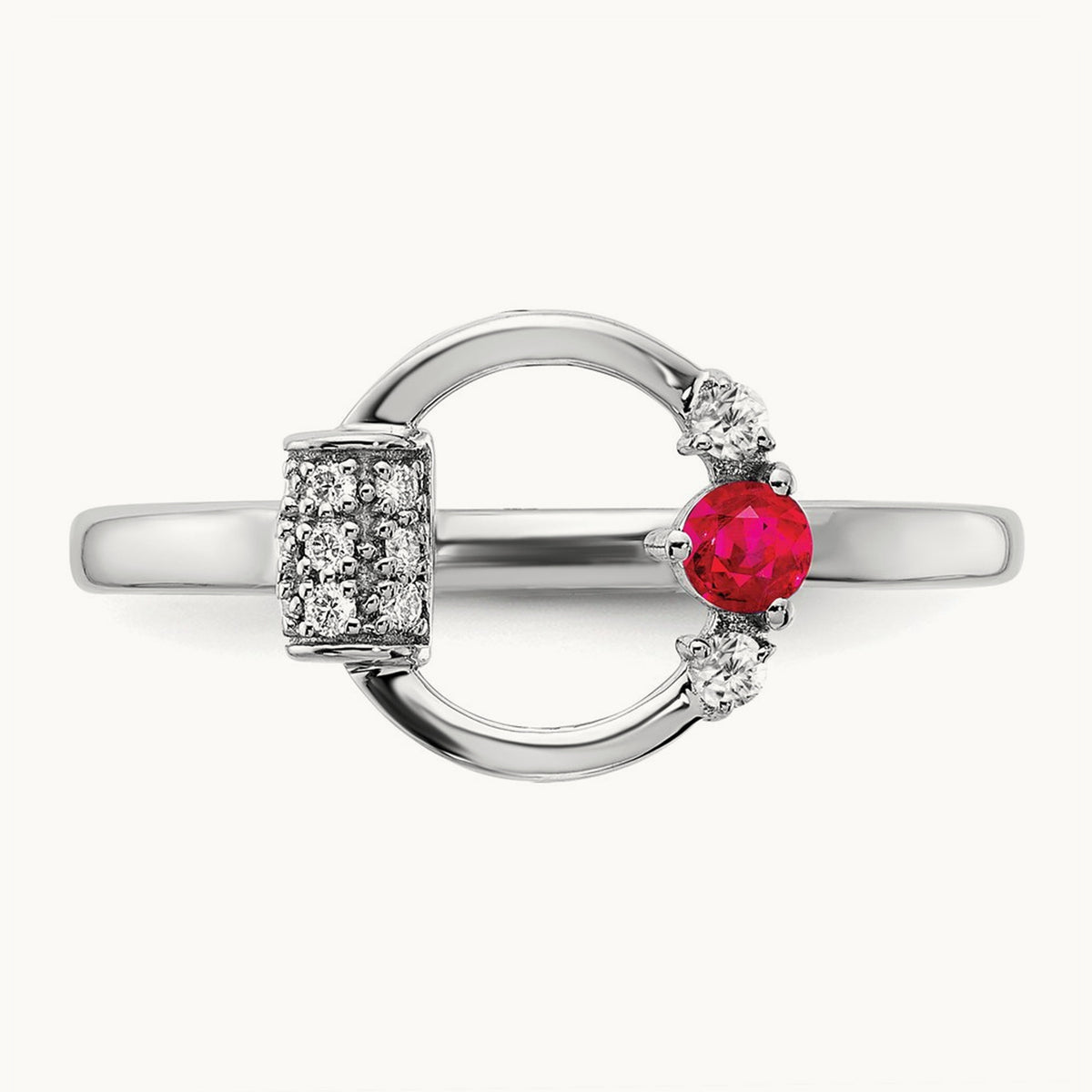 Polished Diamond and Ruby Circle Ring, 14K White