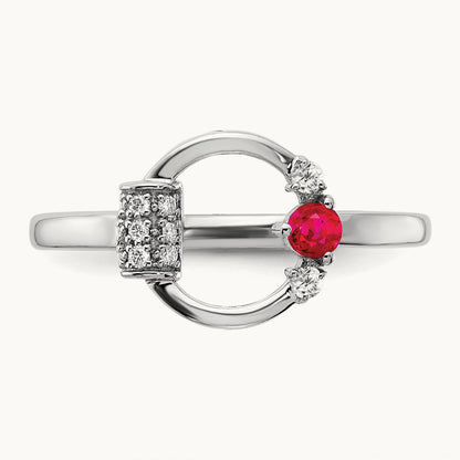 Polished Diamond and Ruby Circle Ring, 14K White