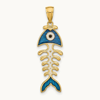 3D Blue Enamel Fish Bone Pendant, 14K