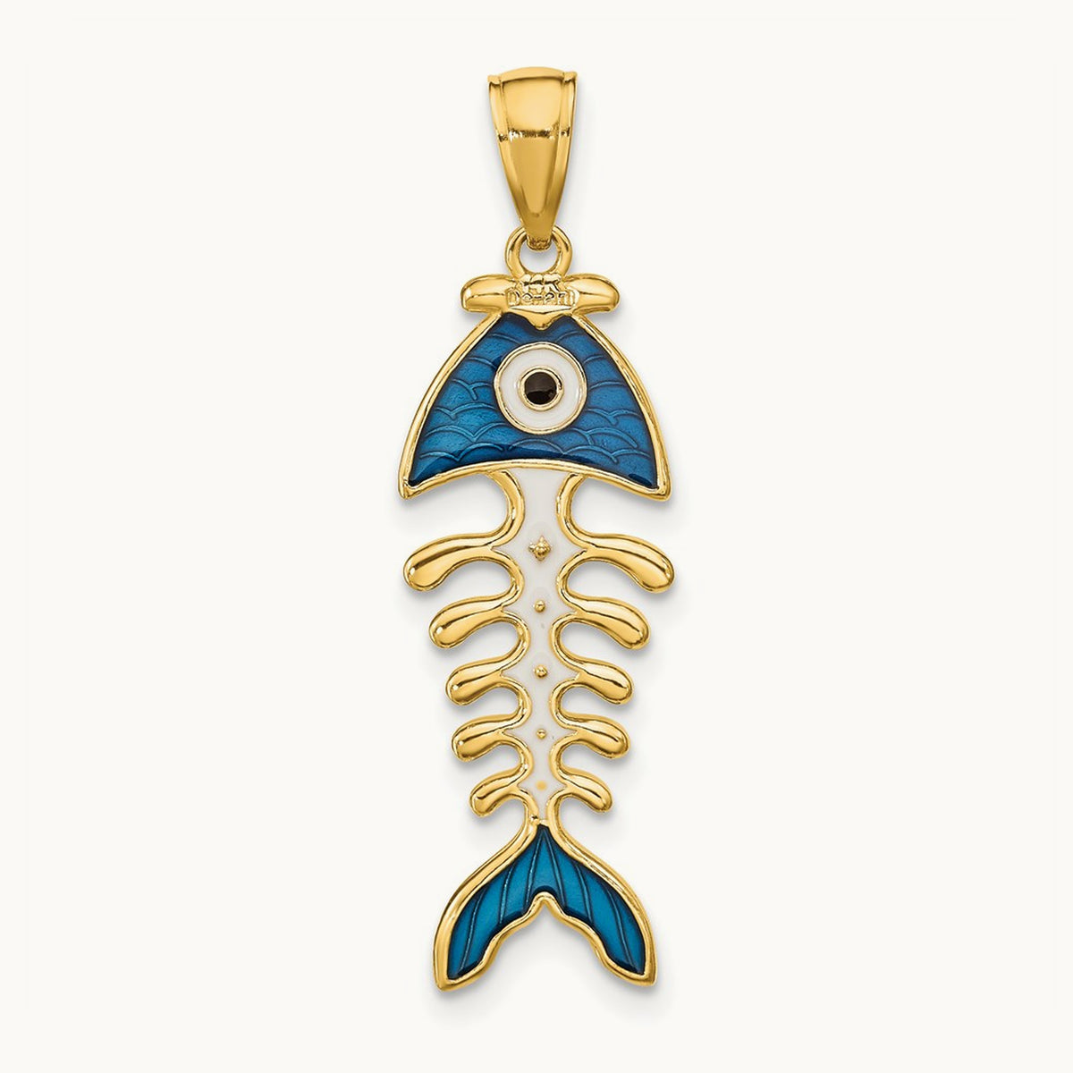 3D Blue Enamel Fish Bone Pendant, 14K
