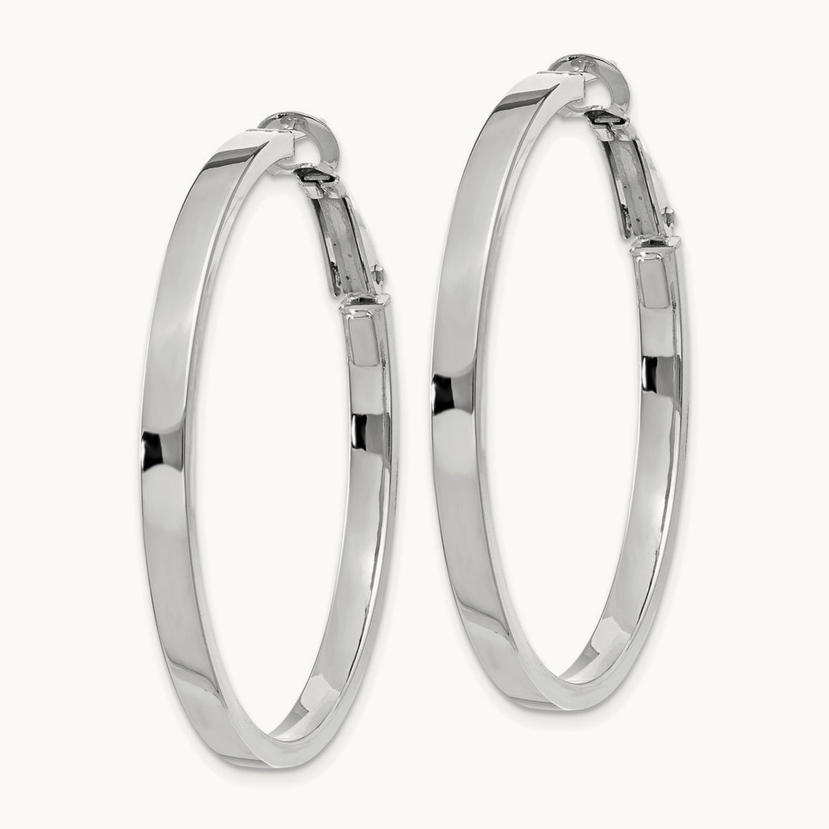 Polished Square Tube Round Hoop Earrings — 14K White Gold, 3x40mm