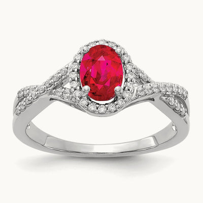 Diamond and Ruby Oval Halo Ring — 14K White Gold