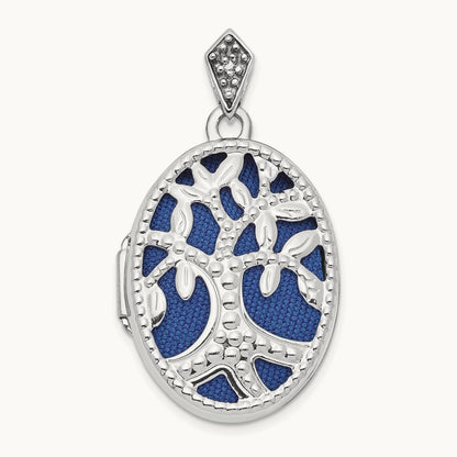 Diamond Tree Blue Fabric Locket Pendant, 23mm, 14K White Gold
