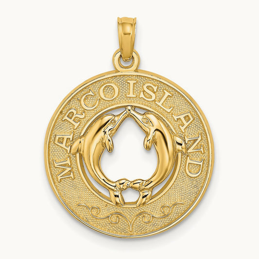 MARCO ISLAND Circle w/ Dolphins Charm, 14K