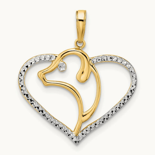 Diamond-cut Dog Head in Heart Pendant, 14K with White Rhodium