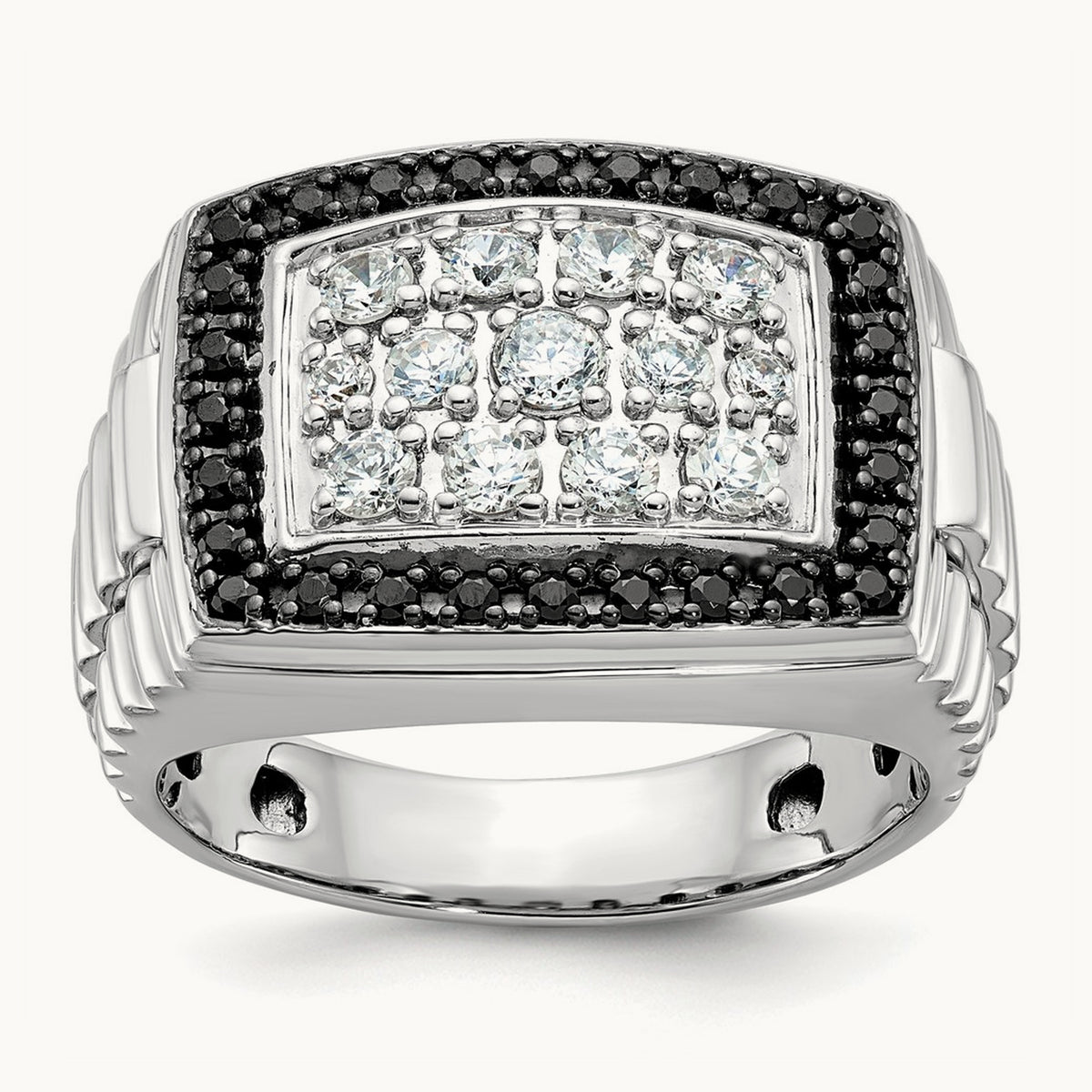 IBGoodman Men's Polished & Textured Black/White Dia Cluster Ring, 14K White Gold