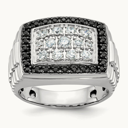 IBGoodman Men's Polished & Textured Black/White Dia Cluster Ring, 14K White Gold