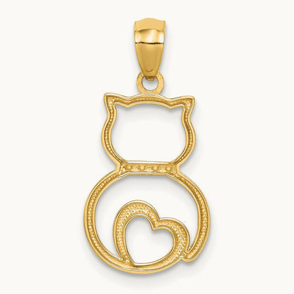 Rhodium Diamond-cut Sitting Cat Pendant, 14K White